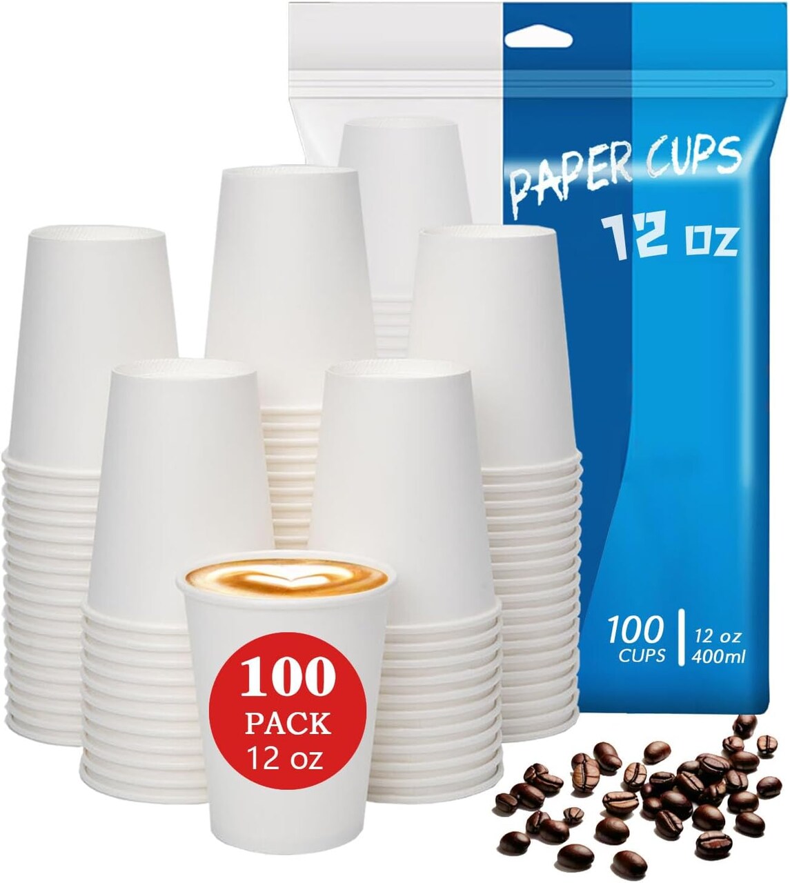 100 Count 12 oz Paper Cups, Summer Party Tableware, Leak-Proof Disposable Cups, White Paper Cups for Cold and Hot Drinks